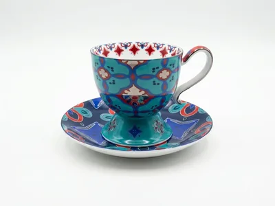 BLUE&RED PATTERNED CUP&SAUCER