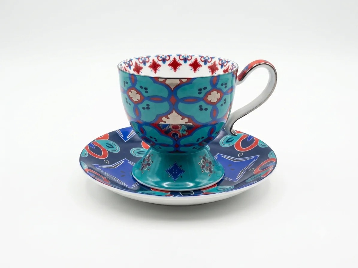 BLUE&RED PATTERNED CUP&SAUCER
